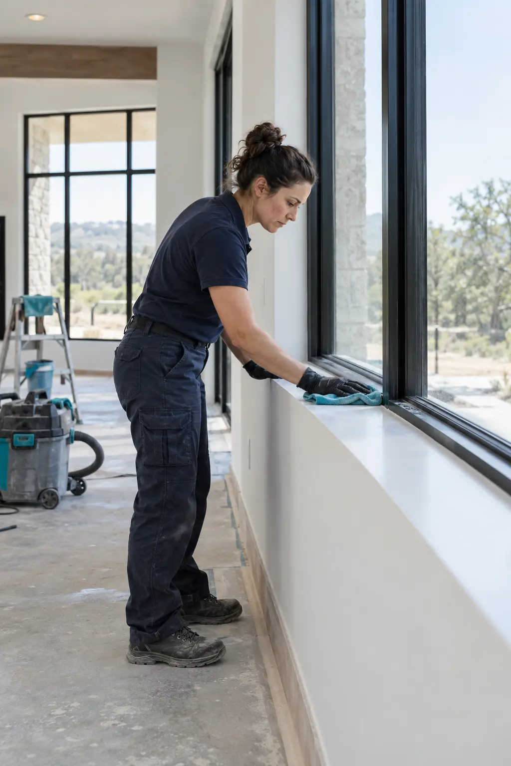 Final-clean specialist detailing a window sill in a newly built home